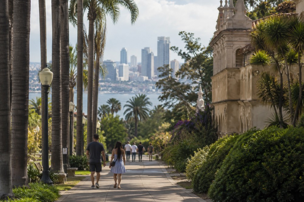 Shaded palm-lined promenade beside a historic park building in late summer light
