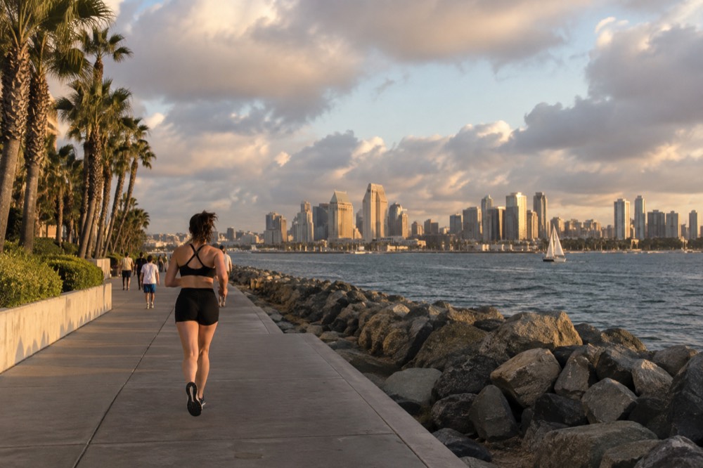 Evening city skyline across the bay with warm light on downtown towers
