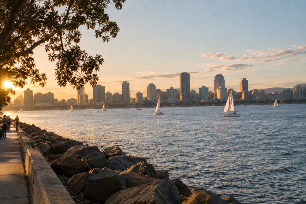 Clear winter afternoon over San Diego Bay with sailboats and downtown buildings
