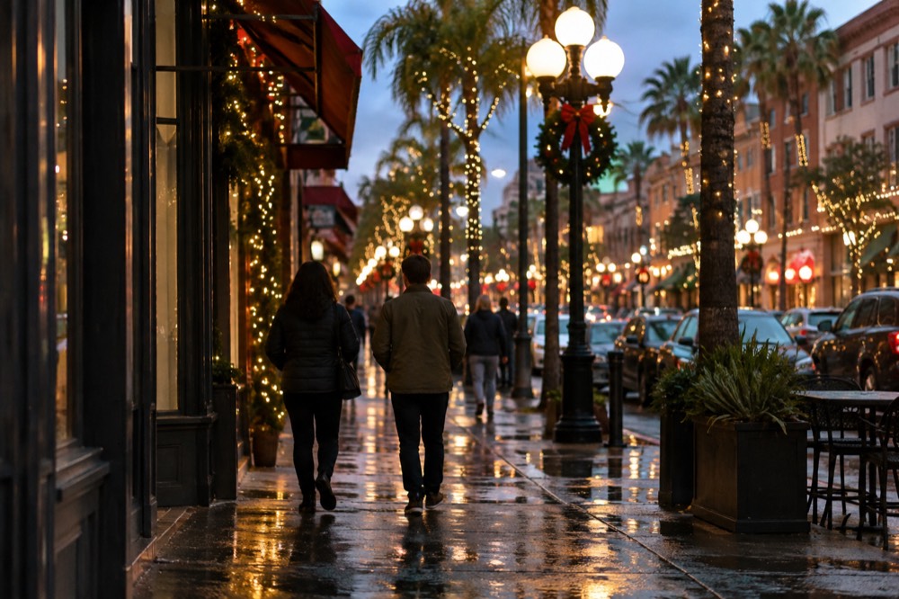 Gaslamp Quarter street glowing with holiday lights in the evening