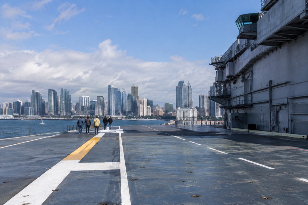Flight deck of the USS Midway aircraft carrier with the downtown skyline across the bay