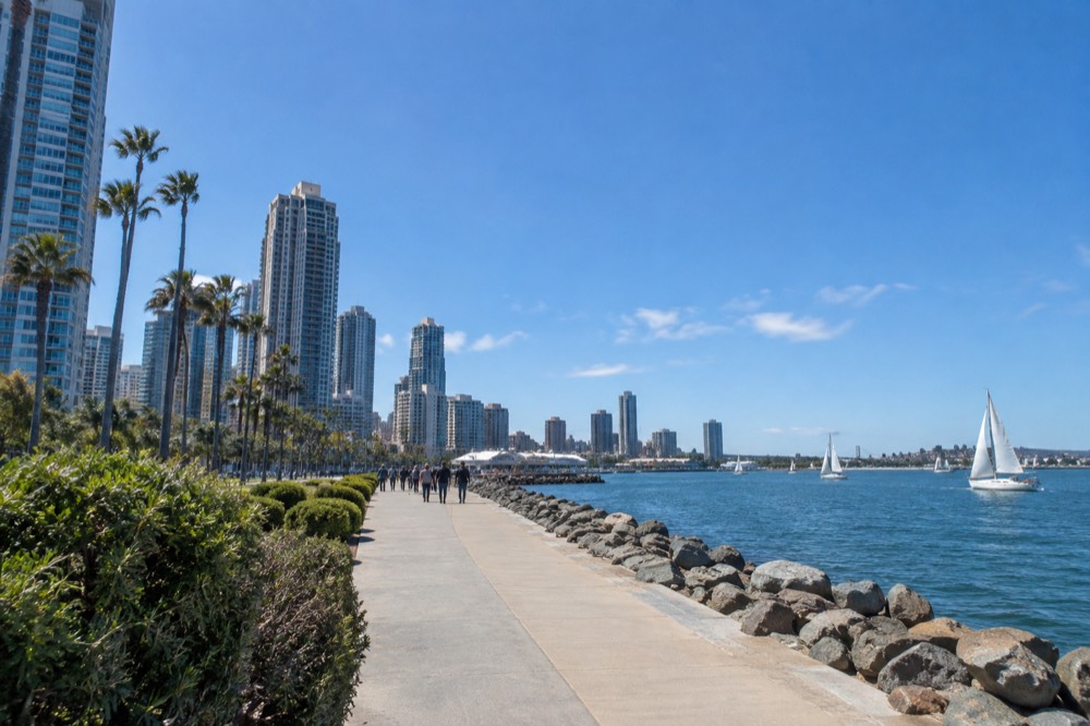 The San Diego Embarcadero waterfront on a clear winter morning with sailboats on the bay