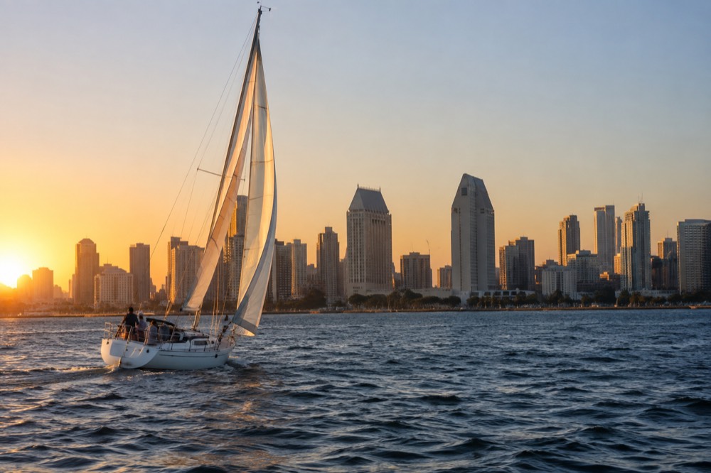 Sailboat heeling on San Diego Bay at sunset with the city skyline behind