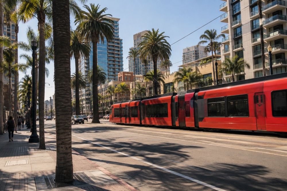 A red trolley car crossing an urban street with palm trees along the sidewalk