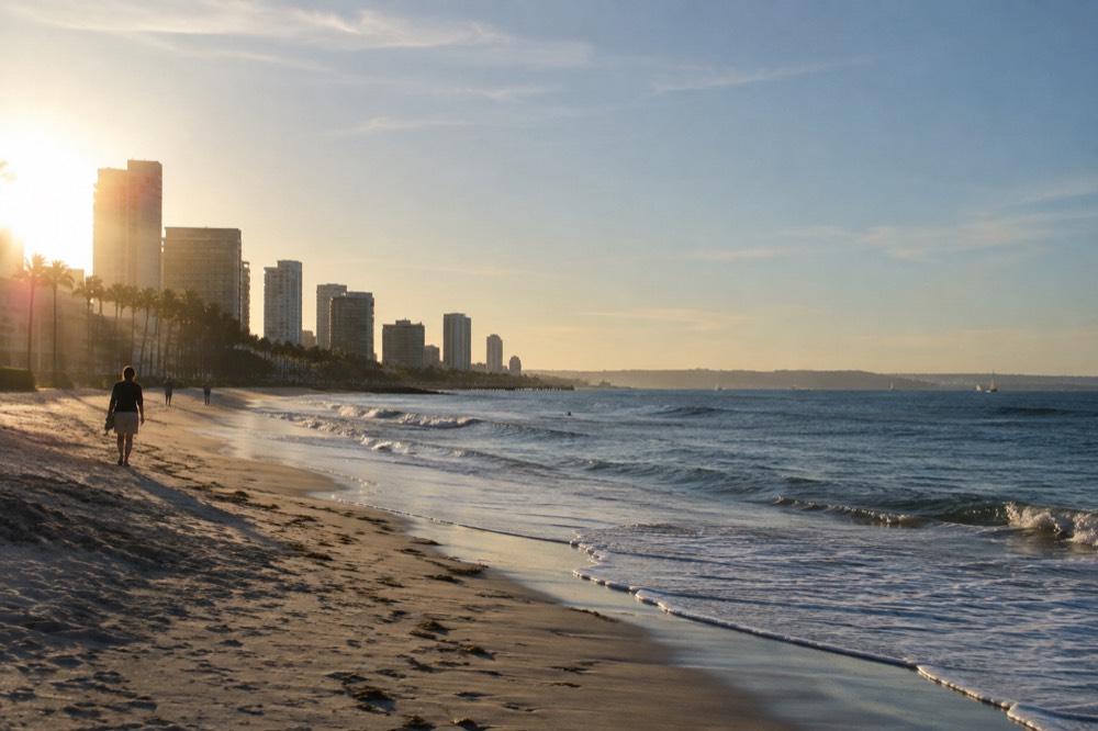 A quiet San Diego coastline under a soft morning sky with gentle waves reaching the sand