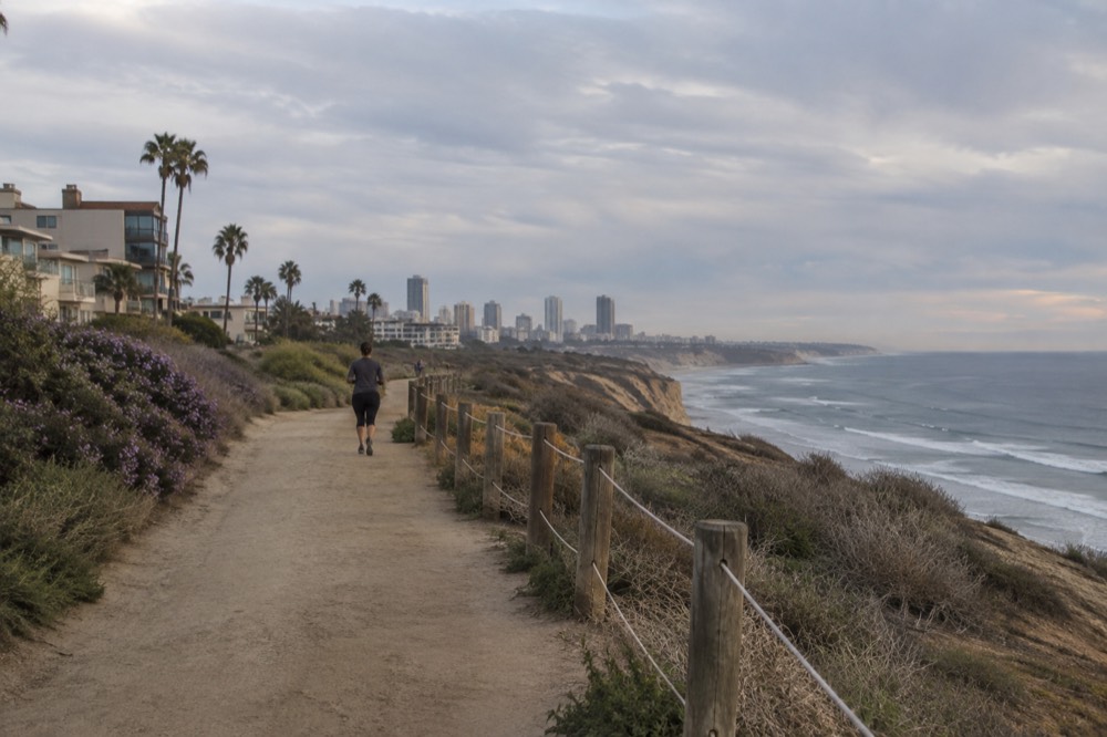 A coastal bluff overlooking the Pacific Ocean under a partly cloudy afternoon sky