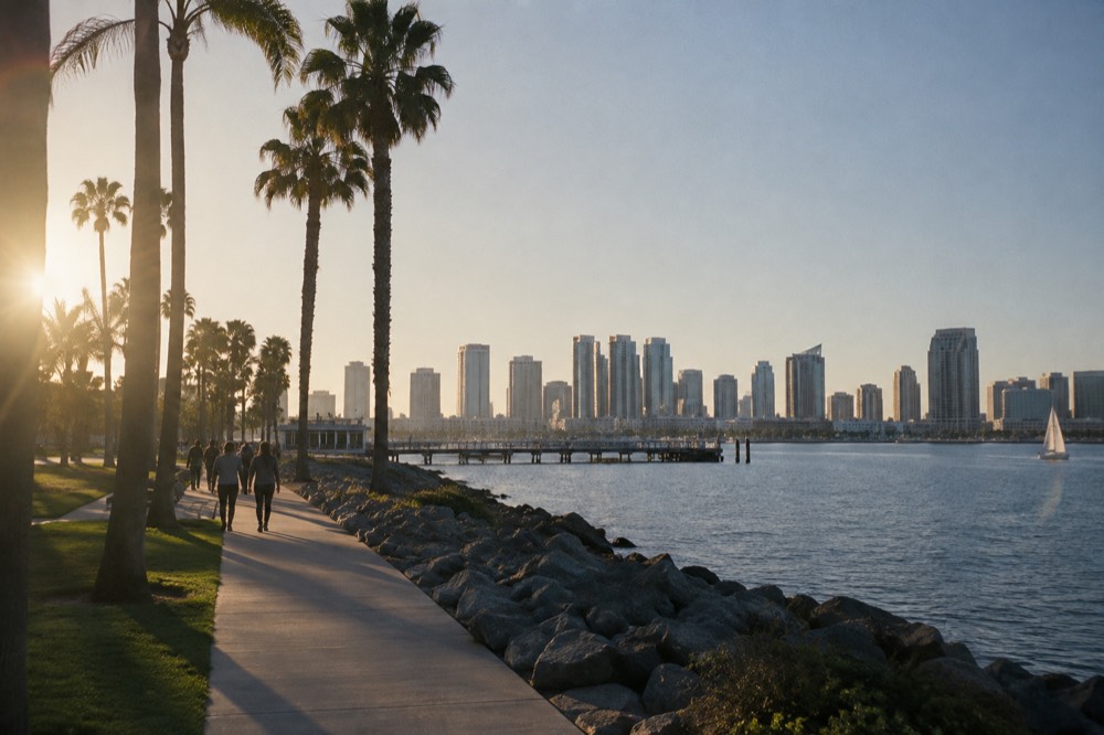 Palm trees along a calm San Diego bay waterfront under a clear afternoon sky