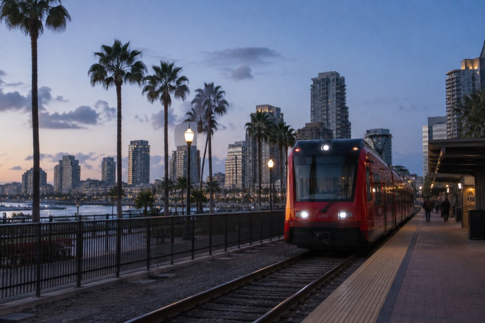 A red trolley car arriving at a downtown station platform in late afternoon light