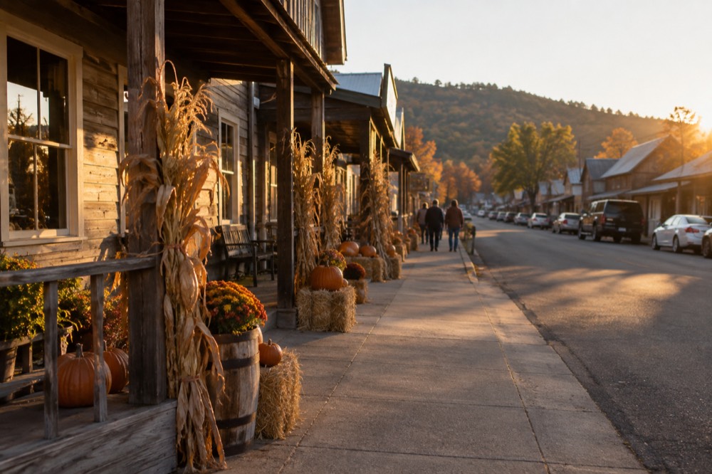 Historic wooden buildings and fall decorations in the mountain town of Julian