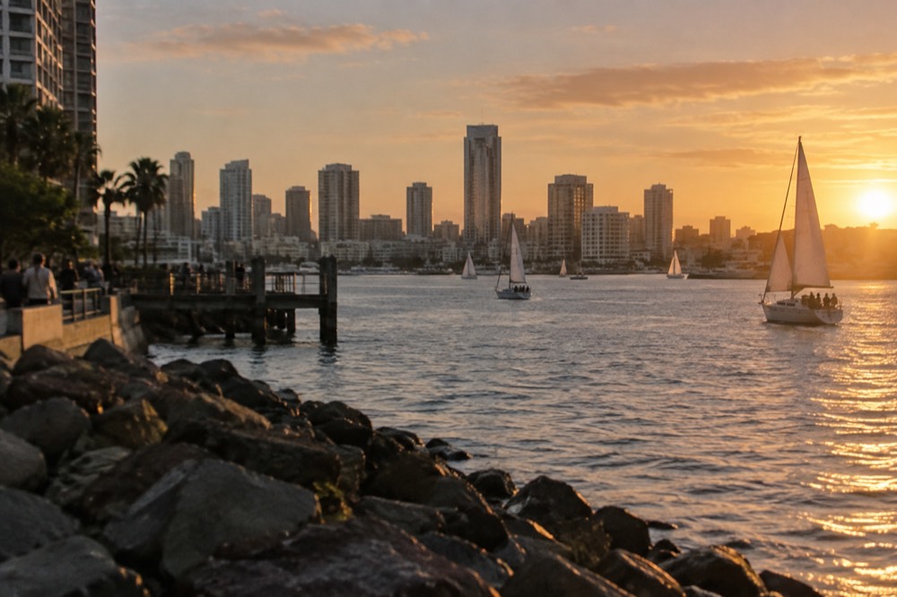 Sailboats on San Diego Bay at sunset with warm orange light on the water