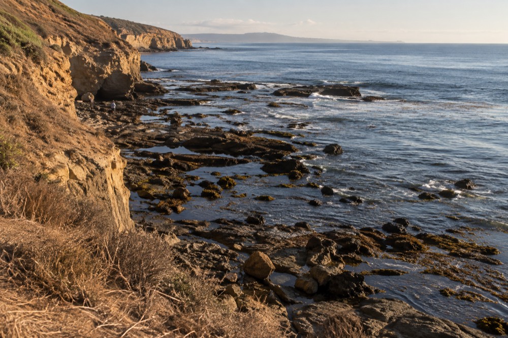 Rocky tidepools at the base of coastal cliffs with kelp visible in clear water