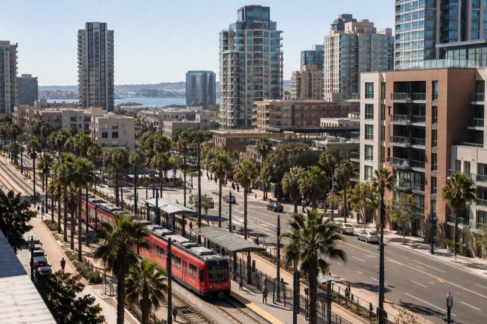 Red trolley stopped at a station platform in downtown San Diego