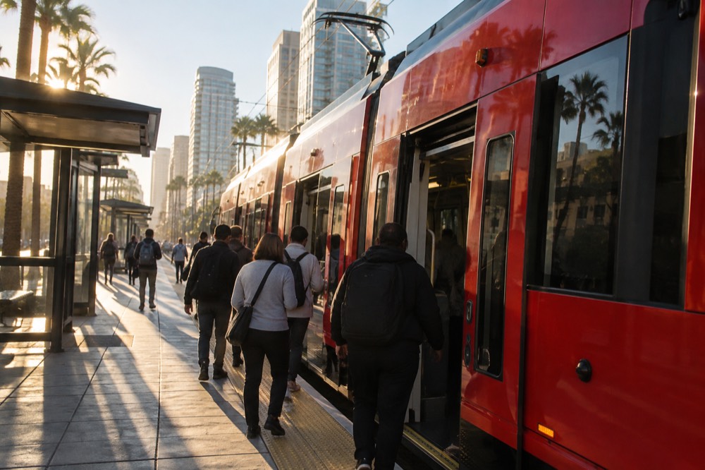 Red trolley vehicle at a downtown station platform with passengers boarding