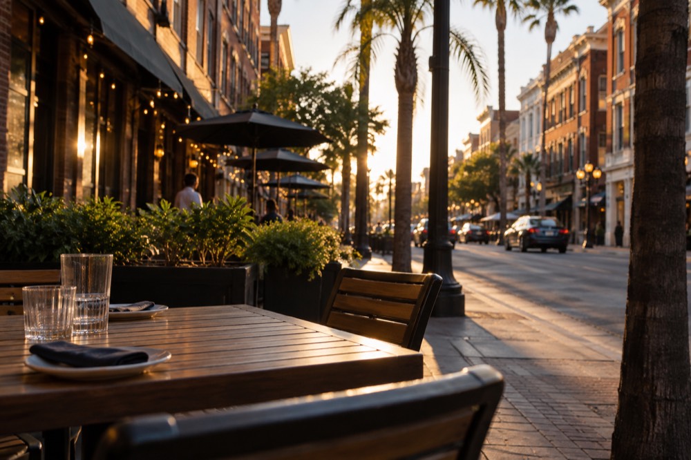 Gaslamp Quarter street with historic buildings and cafe tables in the evening