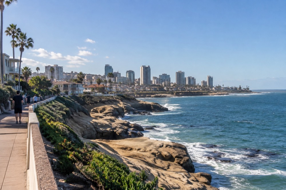 Coastline with rocky cliffs and turquoise water along a residential neighborhood