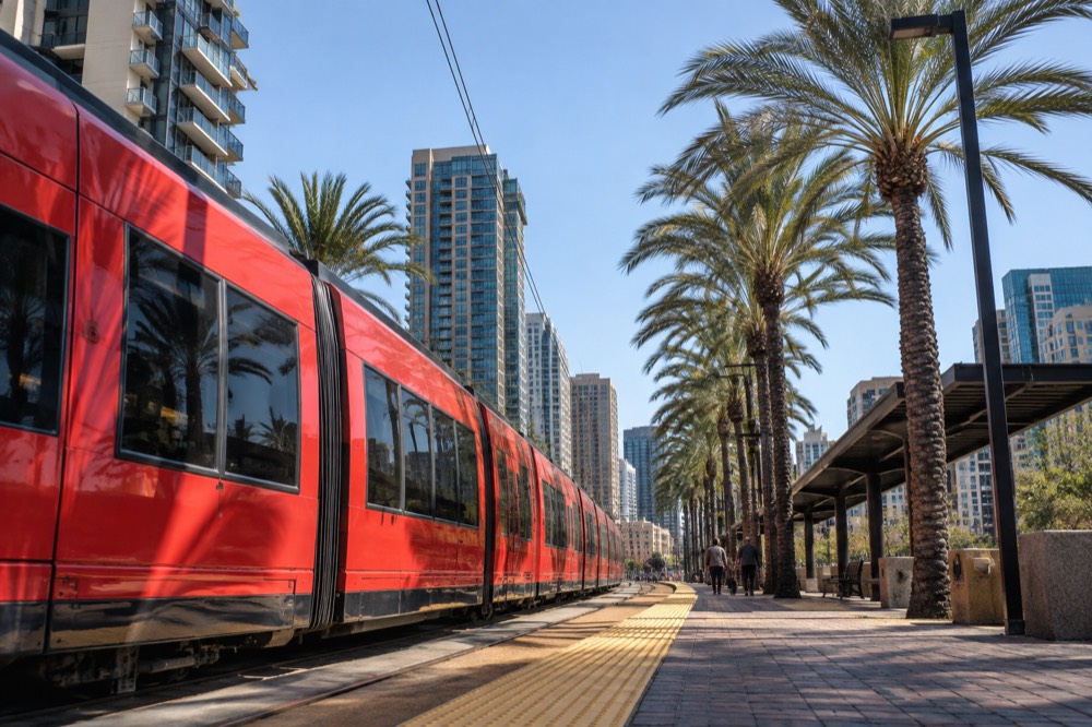 Red trolley car at a station platform with palm trees behind