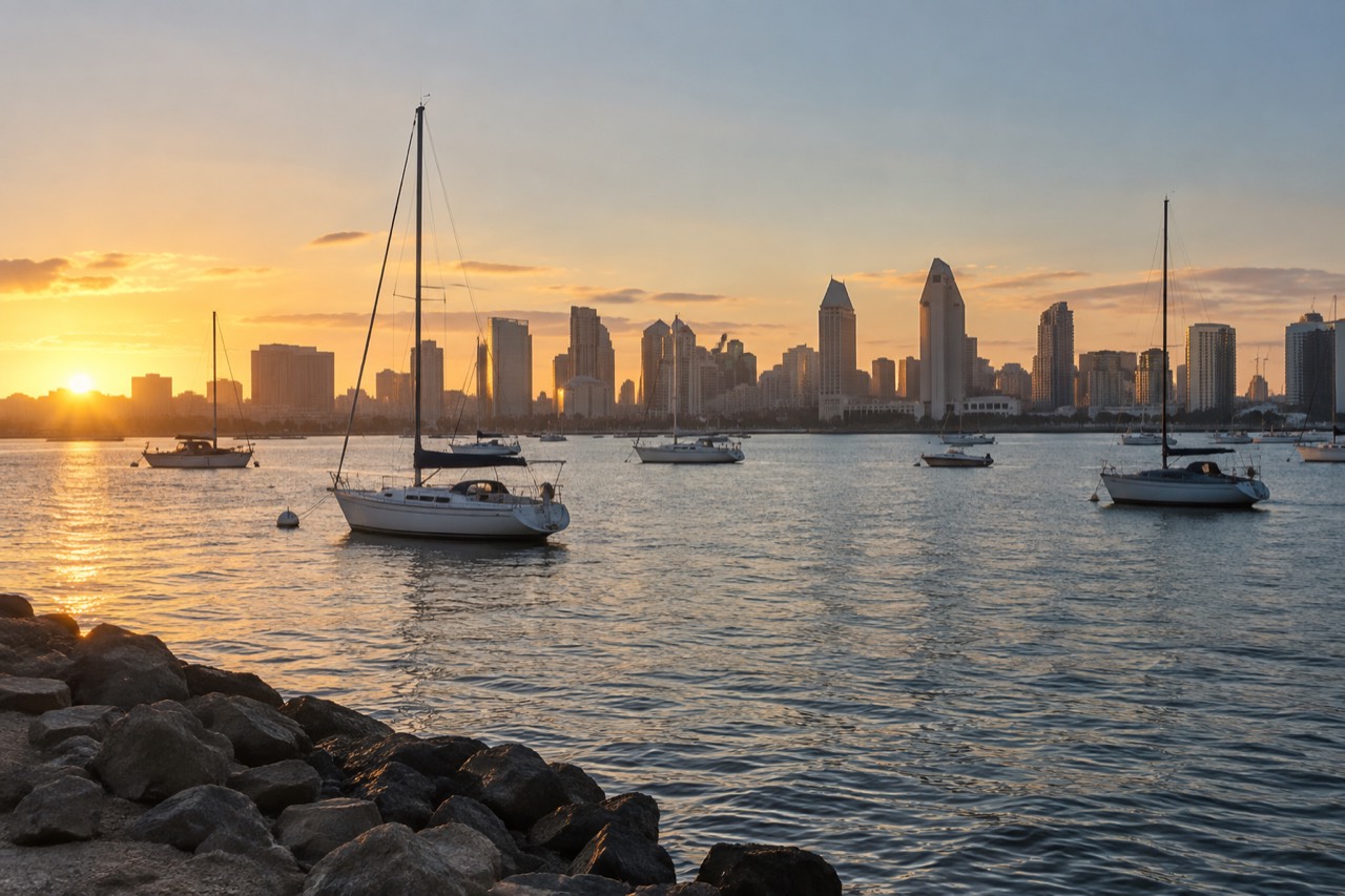 San Diego skyline across the bay at golden hour with boats in the foreground