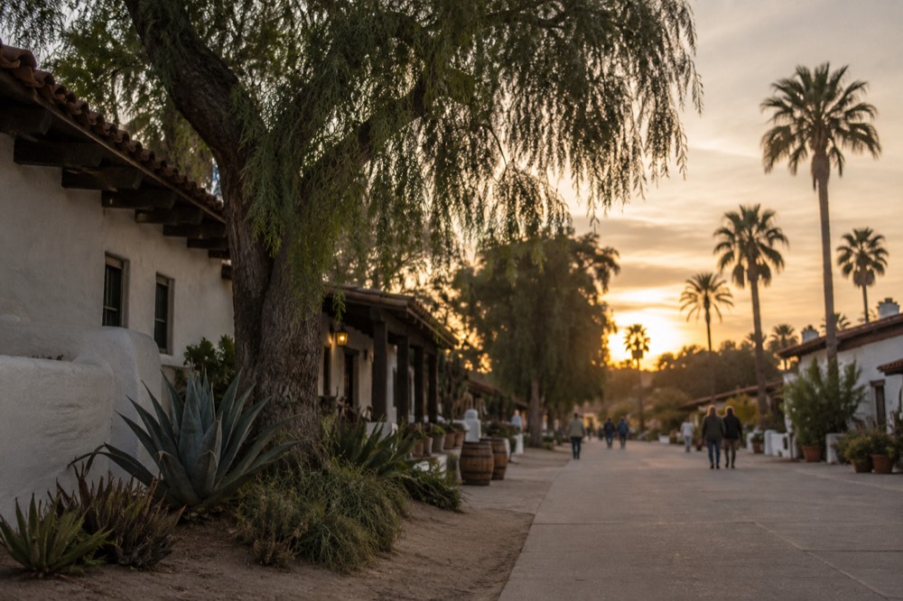 Historic buildings and palm-lined street in San Diego's Old Town at golden hour