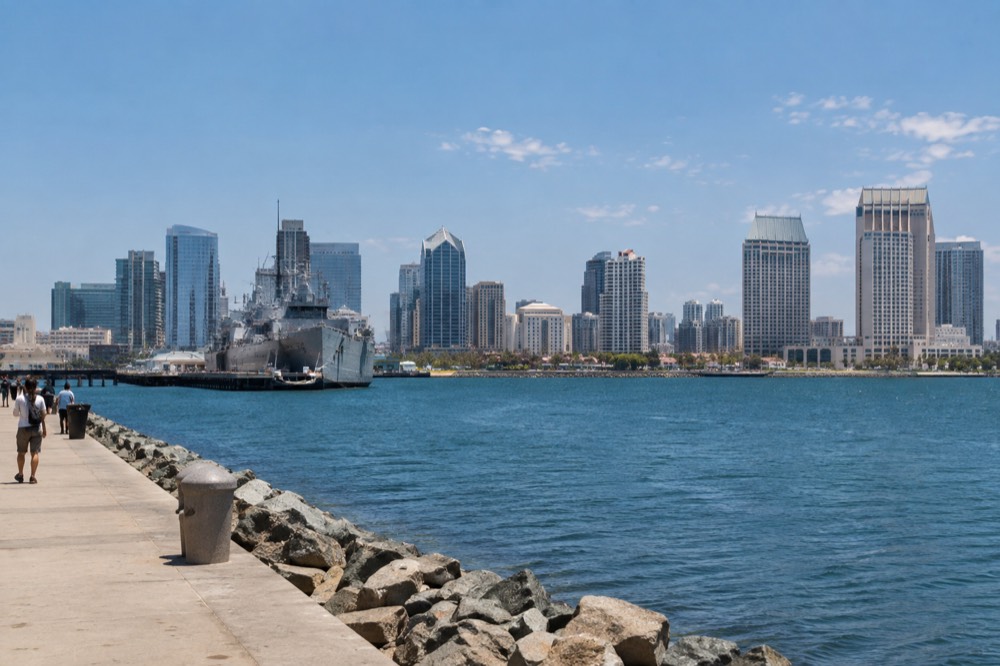 View over San Diego Bay with the city skyline and a museum ship at the waterfront