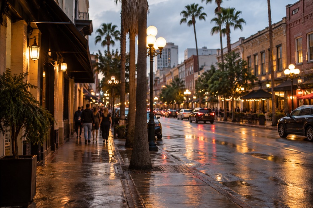 Gaslamp Quarter street at dusk with lit restaurant signs and sidewalk tables