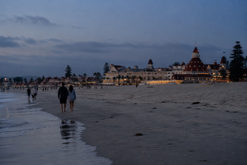 Coronado Beach with the Hotel del Coronado red-roofed turrets in the distance