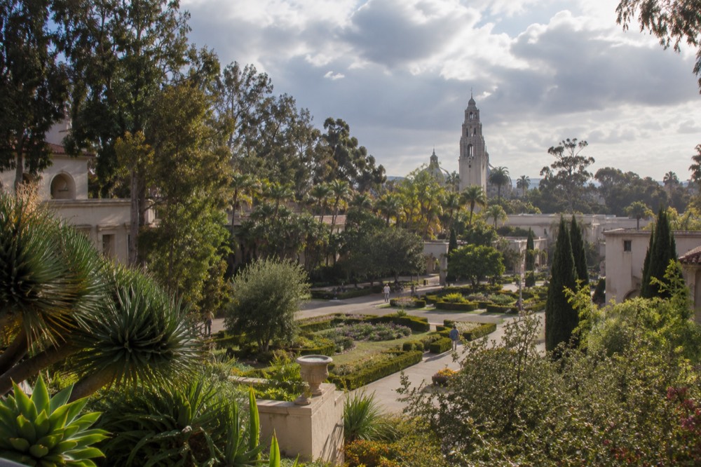 Balboa Park gardens with the California Tower in the distance