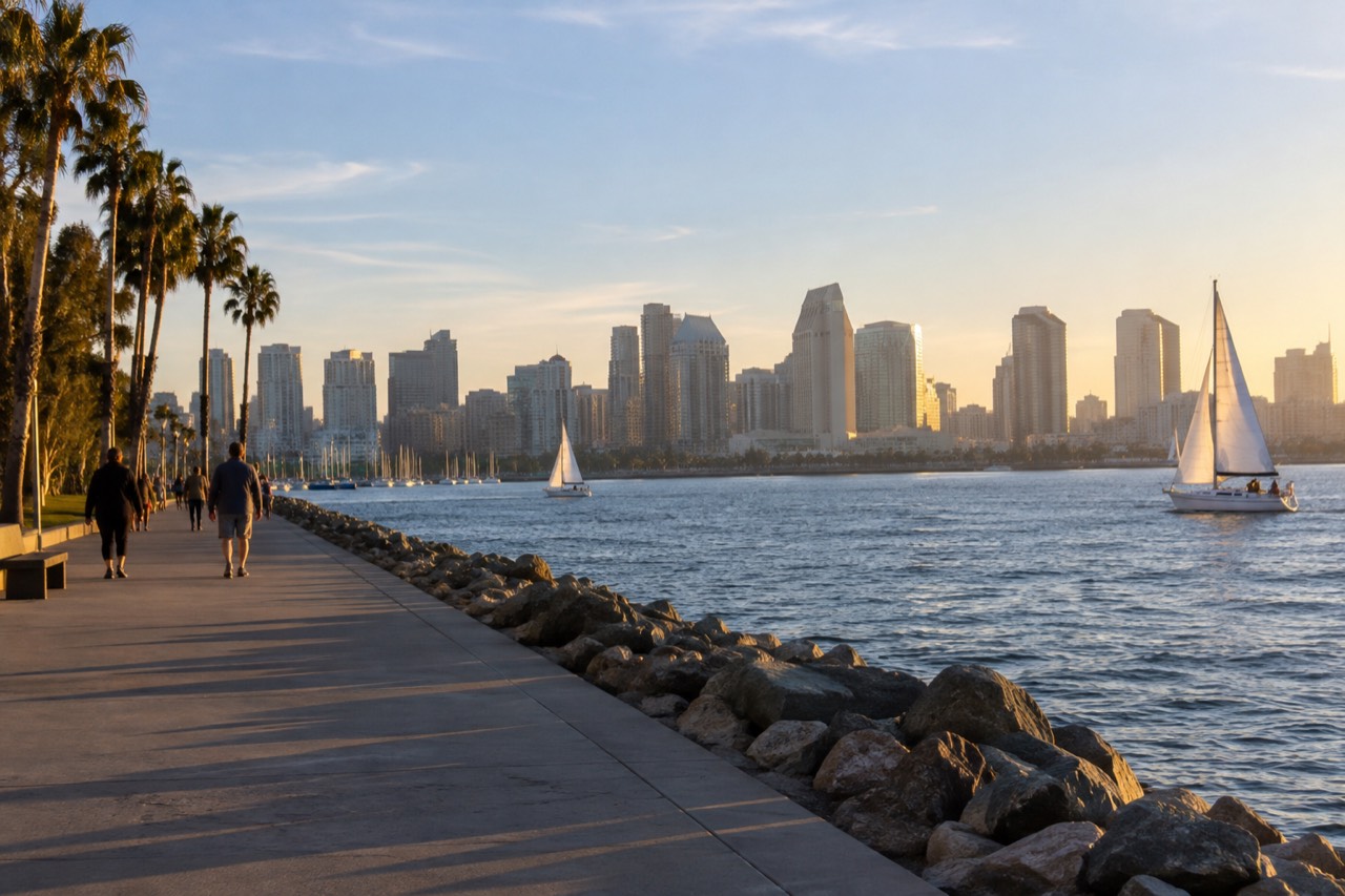 San Diego skyline across the bay with sailboats on the water