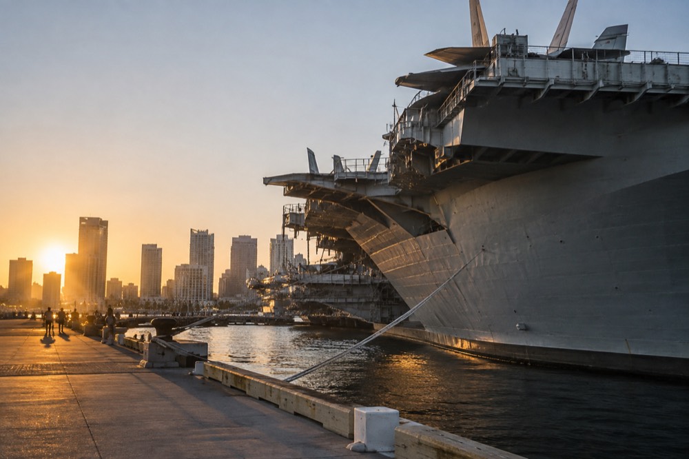 Aircraft carrier flight deck with city skyline behind the harbor
