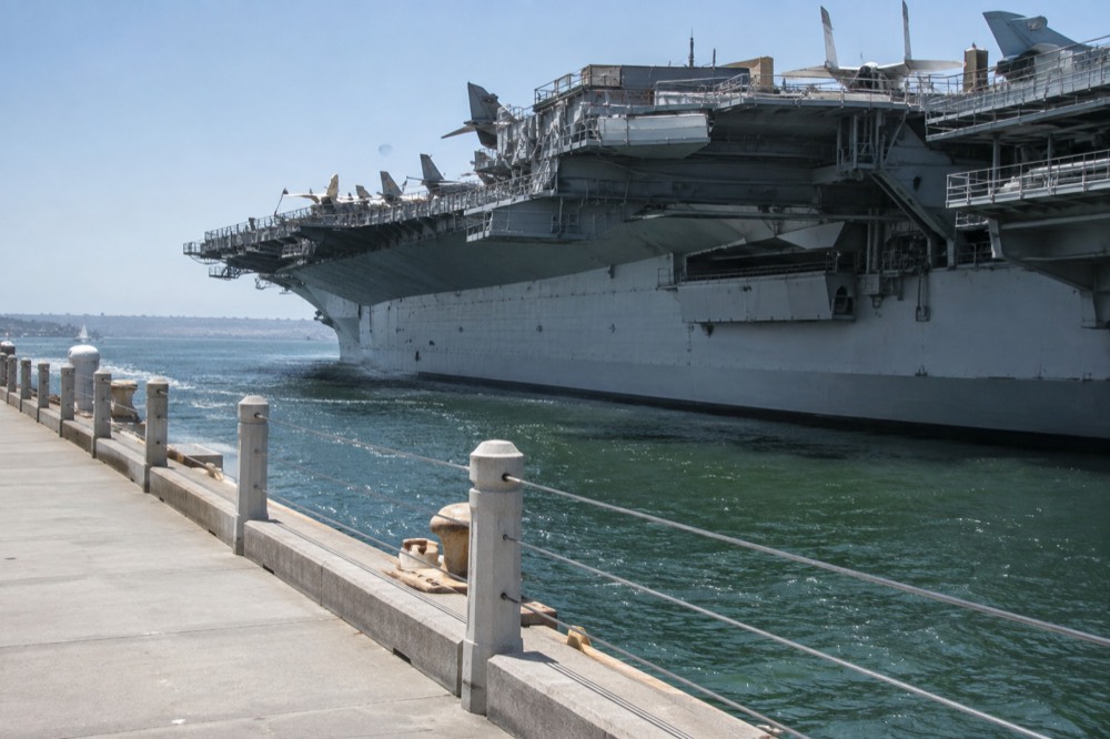 View of the USS Midway aircraft carrier moored at the San Diego Embarcadero on a clear morning