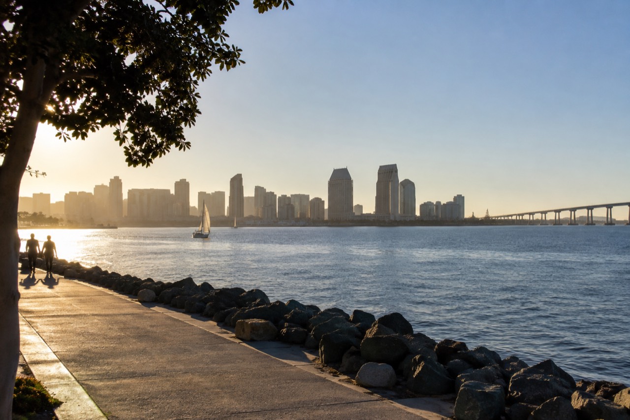 View over San Diego Bay with the city skyline and Coronado Bridge in the distance