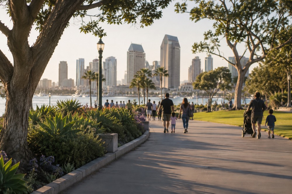 Families walking a wide tree-lined promenade in a large urban park on a sunny day