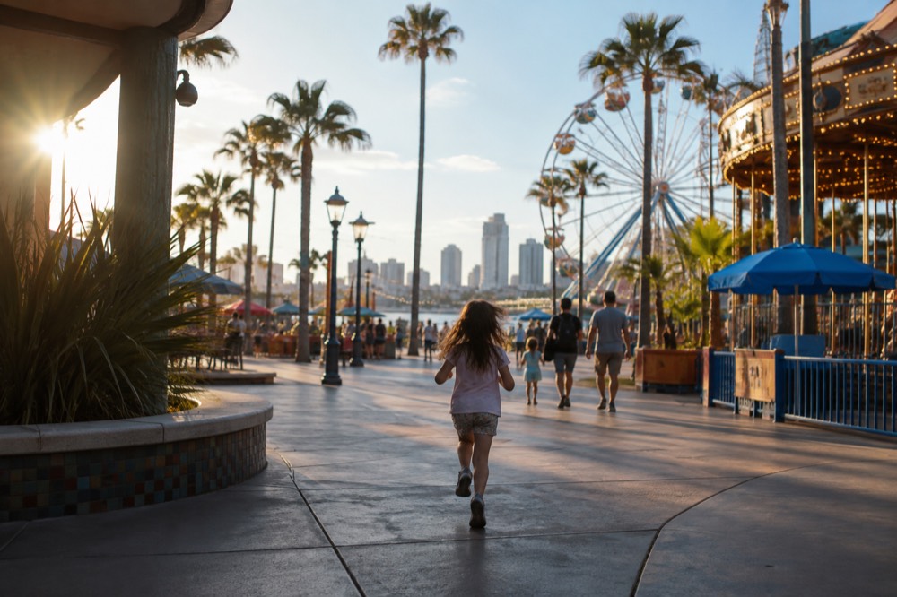 A colorful theme park plaza with rides and shaded walkways